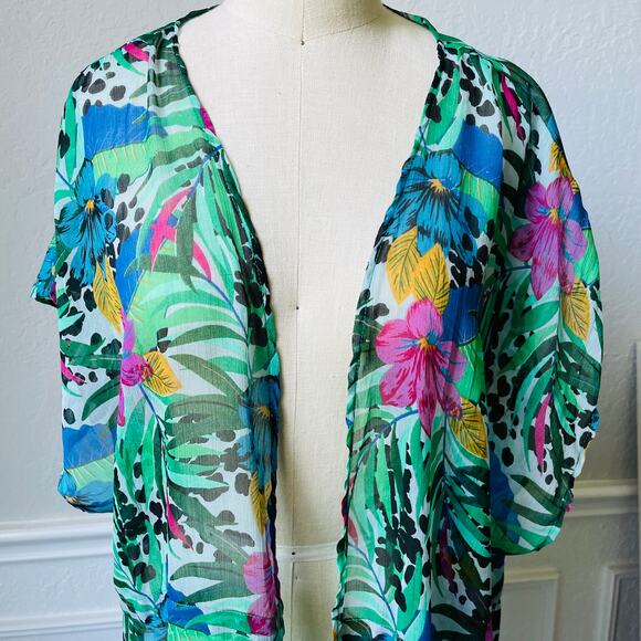 Steve Madden Green Tropical Hibiscus Mulit Color Long Kimono Cover up - Picture 3 of 7